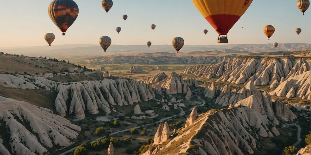 Hot air balloons floating over Cappadocia's rock formations at sunrise.