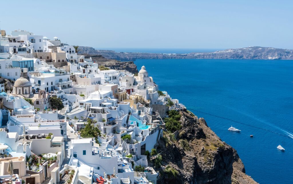 White-washed buildings in Santorini, Greece,