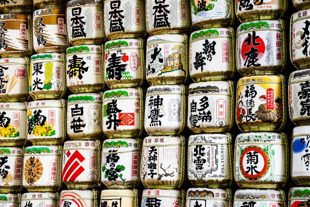 Japan Itinerary Day: A display of traditional Japanese sake barrels, symbolizing cultural offerings at shrines