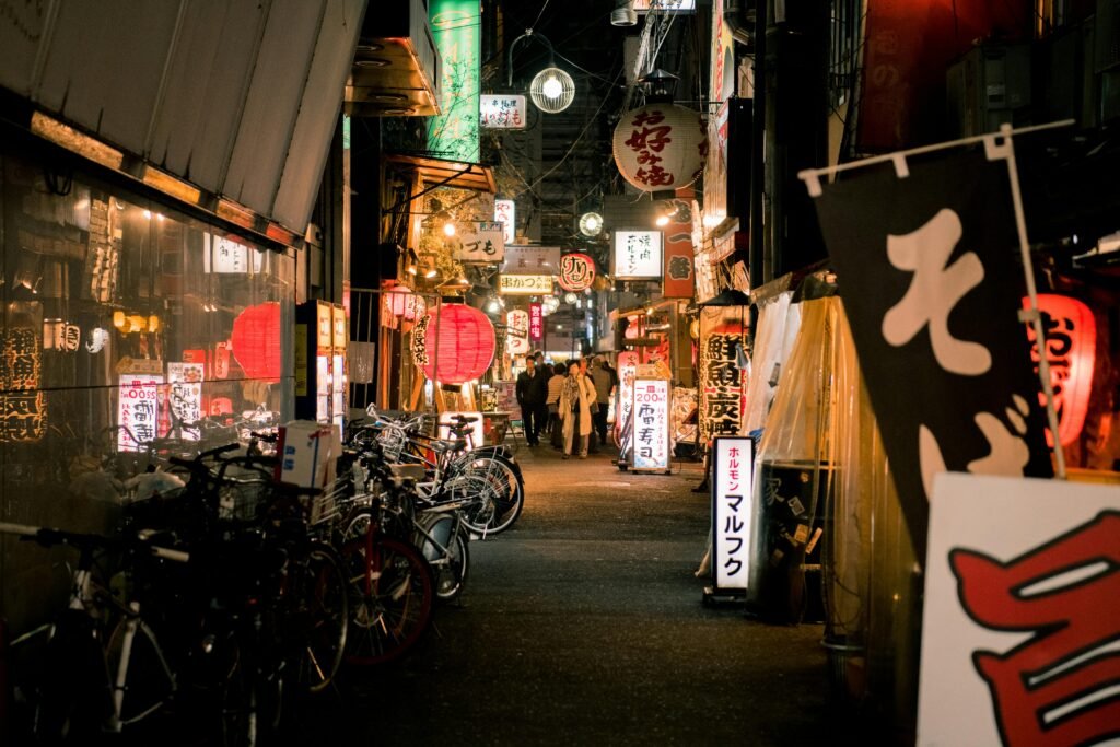 Japan Itinerary Day: Strolling through Dotonbori in Osaka, famous for its delicious street food.